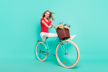 Full length profile side photo of young woman happy smile ride bicycle trip transport isolated over...
