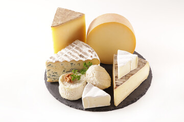 assorted of various cheese on white background