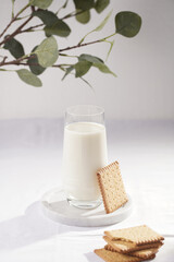 A glass of milk on a marble plate on a white table cloth and freshly baked cookies and a branch of green eucalyptus