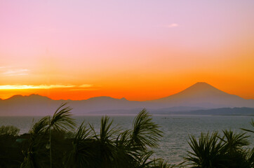 日本　神奈川県藤沢市　江ノ島の展望灯台から見る富士山と夕景