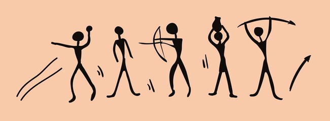 A set of cave paintings depicting people. Elements for design and decoration. Vector illustration.