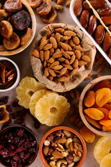 assortment of dry fruits with walnut, almon, fig , raisin