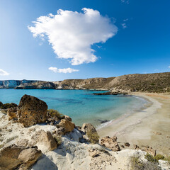 Chiliaderfia Beach on the west coast of the uninhabited islet of Koufonissi in the east of the Greek island of Crete
