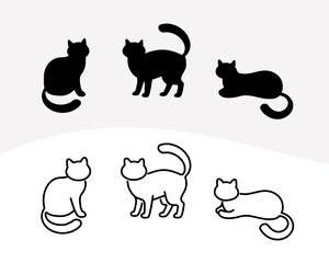Set of monochrome silhouettes and line icons of domestic cat in different poses. Sprite image of a kitten in different poses: standing, sitting and lying down.