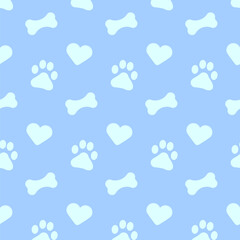 Pet flat symbols of bones, heart, dog paw, shapes on blue background seamless square pattern. Canine style color vector theme template. Design element on the subject of dogs, pets, puppies.