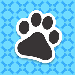 Paw sign on blue silhouettes bones background seamless square pattern. Dog style color vector theme template. Design element on the subject of canine, pets, dogs and puppies.