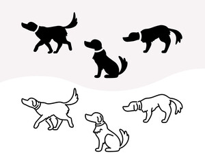 Set of monochrome silhouettes and line icons of domestic dog in different poses. Sprite image of a labrador dog in different poses: running, sitting and sad puppy.