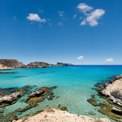 Chiliaderfia Beach on the west coast of the uninhabited islet of Koufonissi in the east of the Greek island of Crete