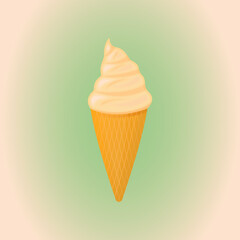 Delicious white vanilla ice cream in a waffle cone. Summer food for cooling. Appetizing volumetric illustration