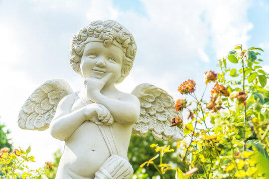 the cute cupid statue in the flower garden