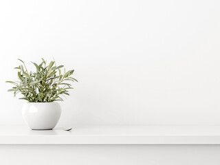 Empty wall mockup with green olive twigs in vase standing on shelf with white background. Simple, neutral, minimal room decoration. 3d rendering, illustration