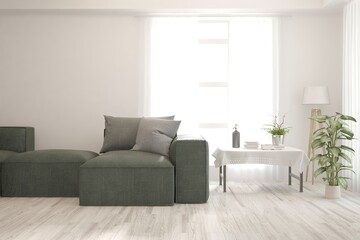 White living room with sofa. Scandinavian interior design. 3D illustration