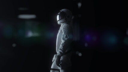 Astronaut walking in futuristic spaceship, sci-fi shuttle corridor. Technology and future concept. 3d rendering