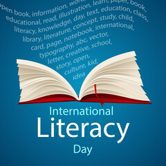 Words from an open book in international literacy day, vector art illustration.