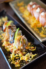 Sushi maki rolls on a tray. Japanese food