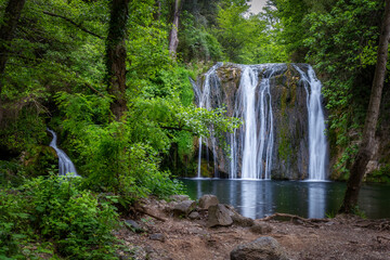 Beautiful big waterfall in Spain in Catalonia, near the small village Les Planes de Hostoles