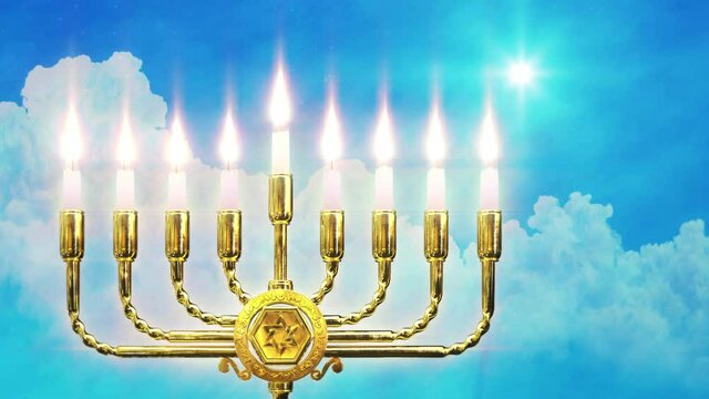 glowing hanukkiah lantern on clouds backdrop with Star of Bethlehem