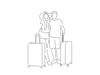 Couple carrying suitcases line drawing, vector illustration design. Summer collection.
