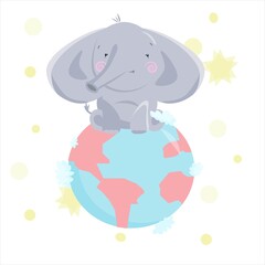 Cute elephant with globe drawn vector illustration. Can be used for baby t-shirt print, fashion print design, kids wear, baby shower celebration greeting and invitation card.