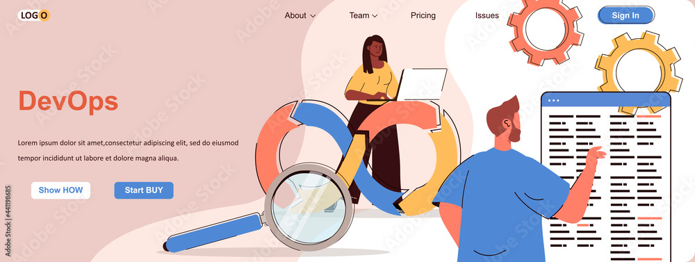 Poster devops web concept. organization or monitoring processes, development, communication scene. banner t
