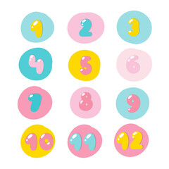 Doodle collection with baby numbers on white background for celebration design. Design template.  Cartoon sweet vector.
