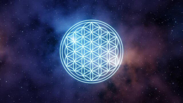 Flower of life symbol in blue color on a background of the universe with nebulae. 3D Rendering