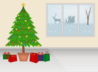 Christmas tree with gifts and Santa sleigh on the window. Winter Christmas scene, vector illustration
