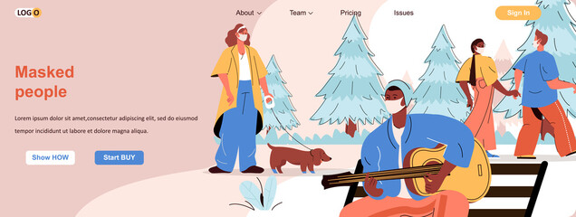 Masked people web concept. Men and women wearing medical masks in public places scene. Banner template with flat line characters design. Vector illustration for social media promotional materials