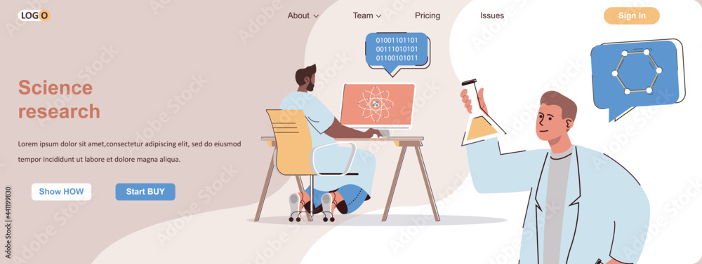 Poster science research web concept. scientists make experiments in lab, analyze test data scene. banner te