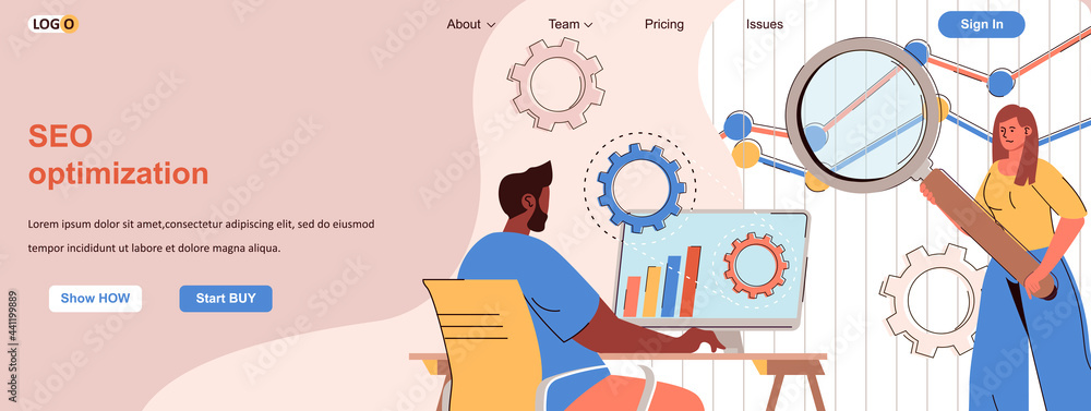 Poster seo optimization web concept. team sets up search engine, promotes site online scene. banner templat