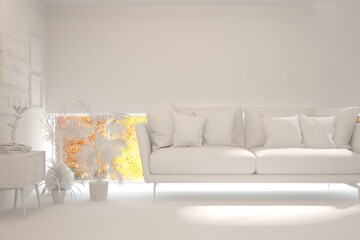 Mock up of stylish room in white color with sofa. Scandinavian interior design. 3D illustration