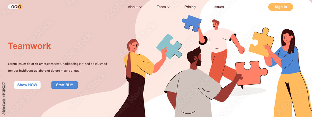 Poster teamwork web concept. colleagues with puzzles collaborate and develop business scene. banner templat