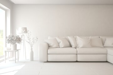 Mock up of minimalist living room in white color with sofa. Scandinavian interior design. 3D illustration