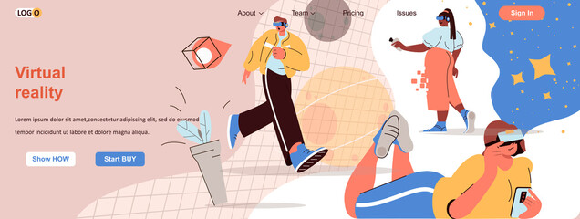 Virtual reality web concept. Men and women wearing VR glasses learning or gaming scene. Banner template with flat line characters design. Vector illustration for social media promotional materials
