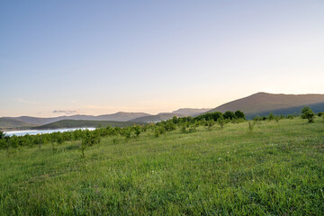 Fototapeta premium Beautiful green hills and valley in setting sun light. Beautiful summer landscape. Nature background. Copy space.