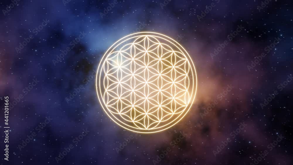 Wall mural flower of life symbol in yellow color on a background of the universe with nebulae. 3d rendering