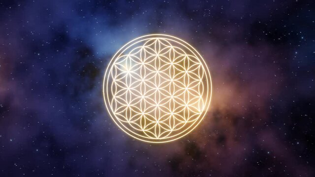 Flower of life symbol in yellow color on a background of the universe with nebulae. 3D Rendering
