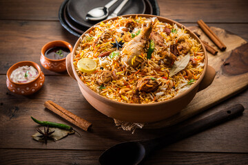 Fototapeta Dum Handi chicken Biryani is prepared in an earthen or clay pot called Haandi. Popular Indian non vegetarian food obraz