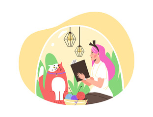 Happy girl introvert sitting under transparent dome with cat and reading book.