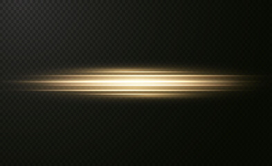 Gold horizontal lens flares pack. Laser beams, horizontal light rays. Beautiful light flares. Glowing streaks on light background. Collection effect light gold line png.	