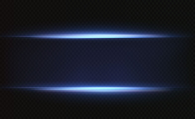 Blue horizontal lens flares pack. Laser beams, horizontal light rays.Beautiful light flares. Glowing streaks on dark background. Collection effect light blue line png.