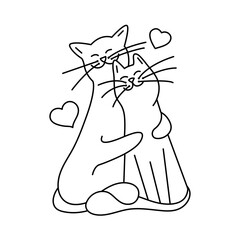Cats love romantic couple. Vector isolated linear illustration contour outline. Valentines Day design.