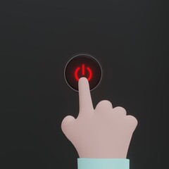 Cartoon hand pushing a red button on black background Push-button flat style concept. 3d rendering.