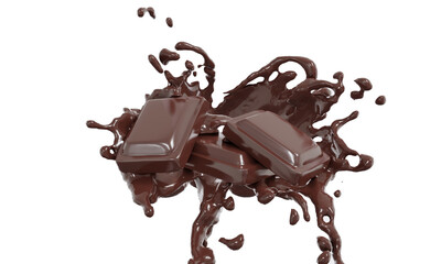 Chocolate splashing in the middle Chocolate stands, isolated on white background, in 3d rendering. Food concept.