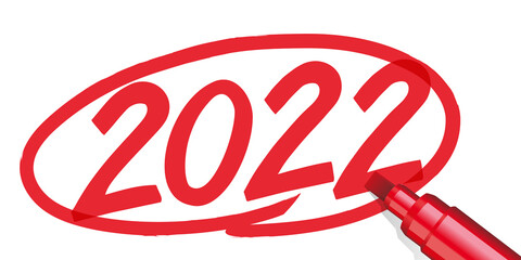 L’année 2022 écrite à la main et entourée d’un cercle rouge sur un fond de papier blanc, avec un feutre ou un marqueur.