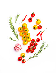 Spices and herbs. Tomato, basil, pepper, garlic. Vegan healthy diet food on white background. Cooking concept, top view