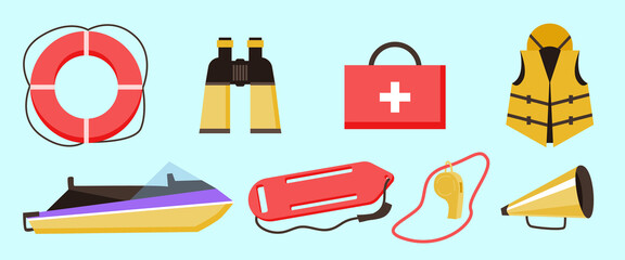Set equipment of lifeguard for rescue and medical first aid of drowning.