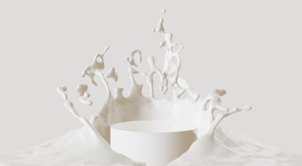 Milk splashing in the podium white isolated on white background, 3d rendering