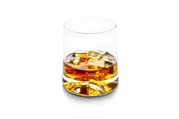 Glass of golden alcohol with ice cubes, whiskey or cognac, isolated on white.