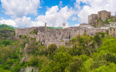 Sorano (Italy) - An ancient medieval hill town hanging from a tuff stone in province of Grosseto,...